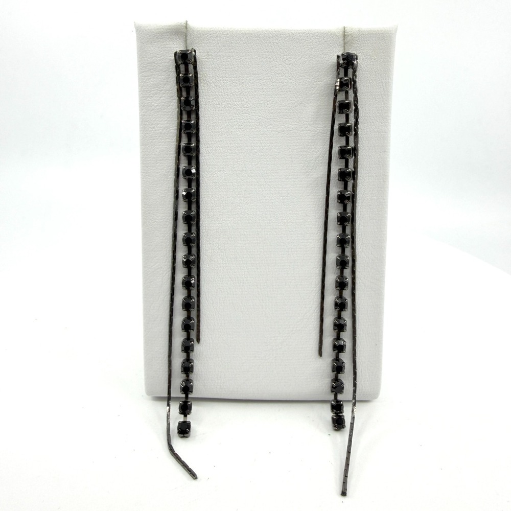 Sleek Black Crystal Linear Drop Earrings Long Chain Statement Gothic Y2K Style
